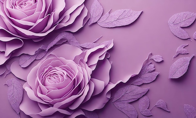 Purple paper flowers with leaves on a purple background