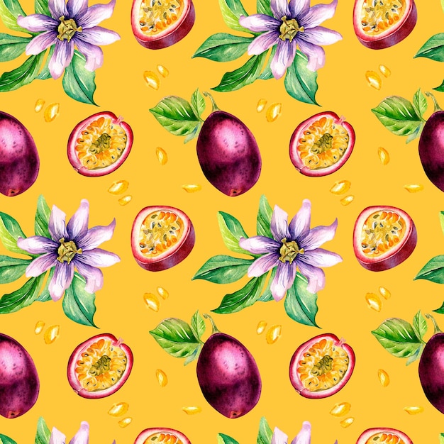 Purple passion fruit and splash juice watercolor seamless pattern isolated on yellow