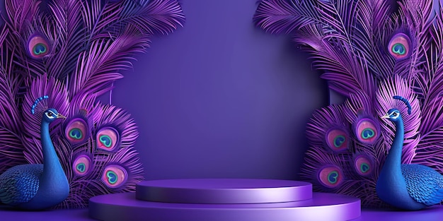 Purple Peacock Paradise A 3D Rendering of Peacock Feathers and a Platform