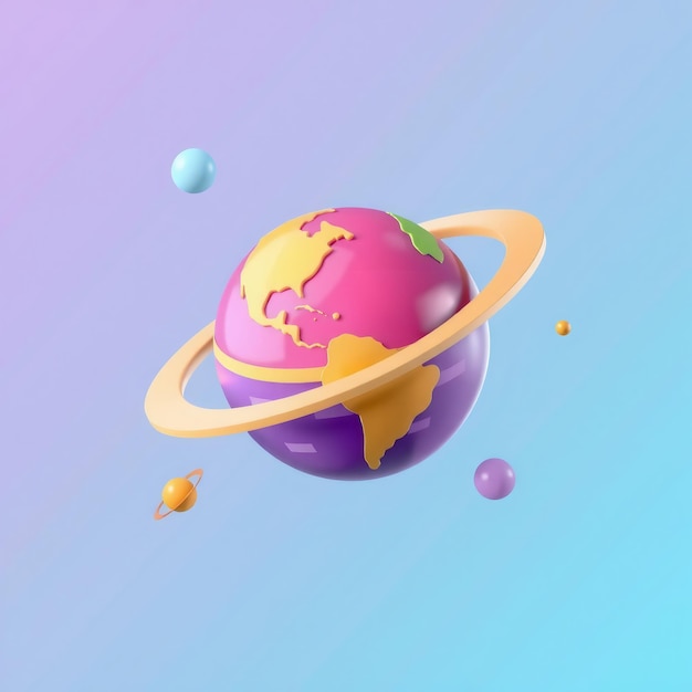 Photo a purple and pink 3d globe with a yellow ring around it and other colorful balls in the background