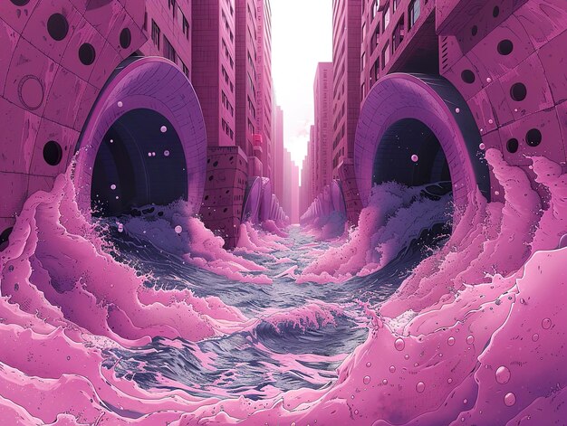 Photo a purple and pink city with a purple water way