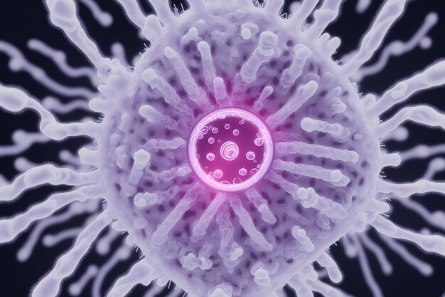 A purple and pink coronavirus with a pink circle in the middle.