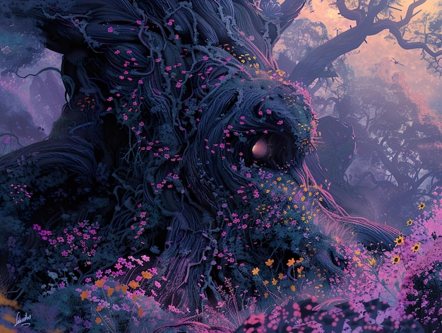 Photo a purple and pink flowered creature with purple flowers and the word  eye