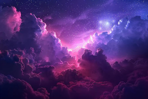 A purple and pink galaxy background with dark clouds in the center