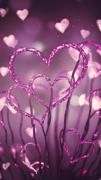 purple and pink glitter vintage lights background defocused hearts overlay