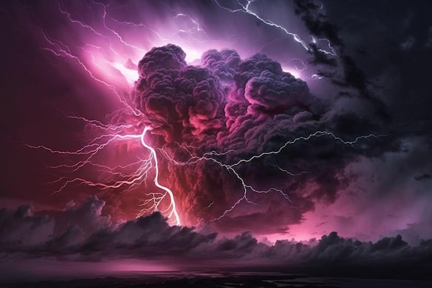 A purple and pink lightning storm with a large cloud in the sky