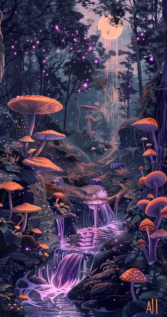 a purple and pink mushroom with a waterfall in the background