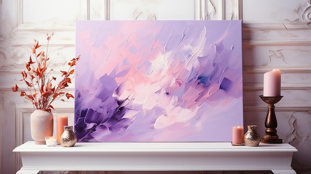 purple and pink oil painting on a white shelf