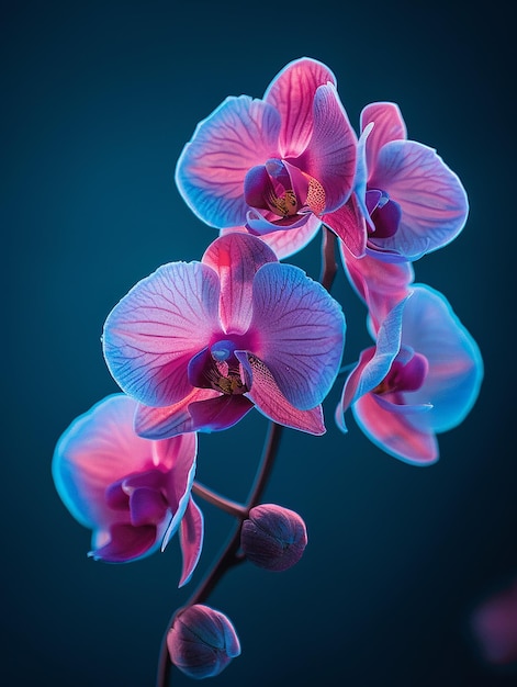 a purple and pink orchid with a blue background