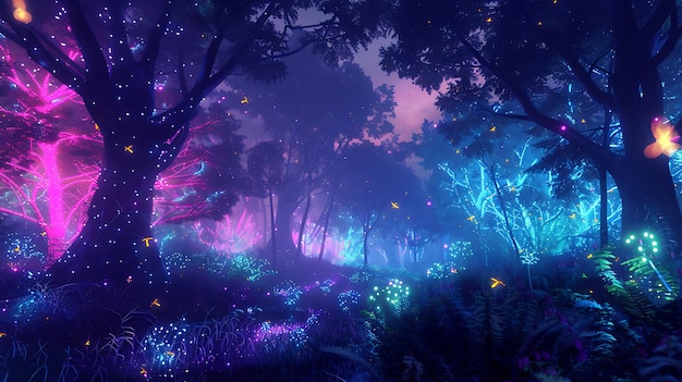 a purple and pink picture of a forest with lights and trees