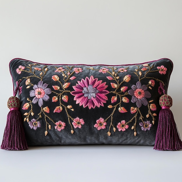 Photo a purple and pink pillow with flowers on it