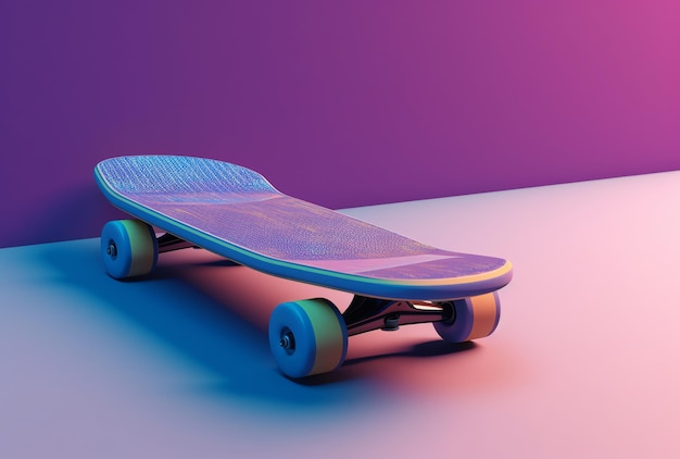 A purple and pink skateboard with the word skate on it