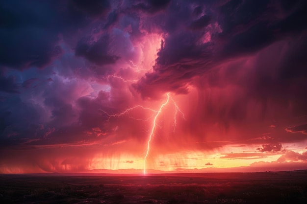 Photo a purple and pink sky with lightning and a purple sky