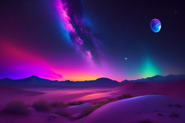 A purple planet is in the distance and the sky is lit up with the aurora borealis.