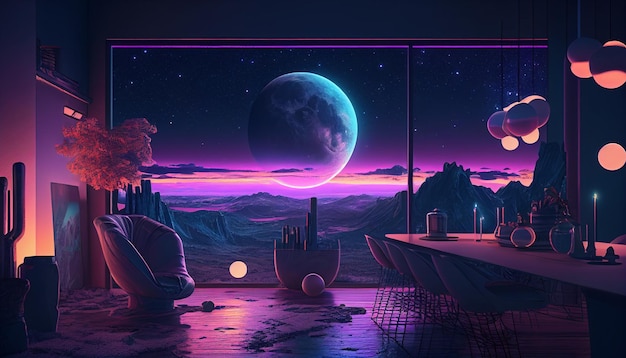 A purple planet is visible through a window