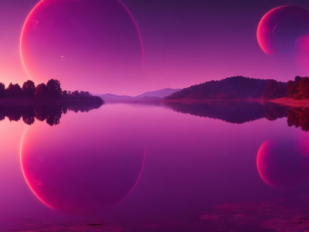 A purple planet with two reflected planets in water