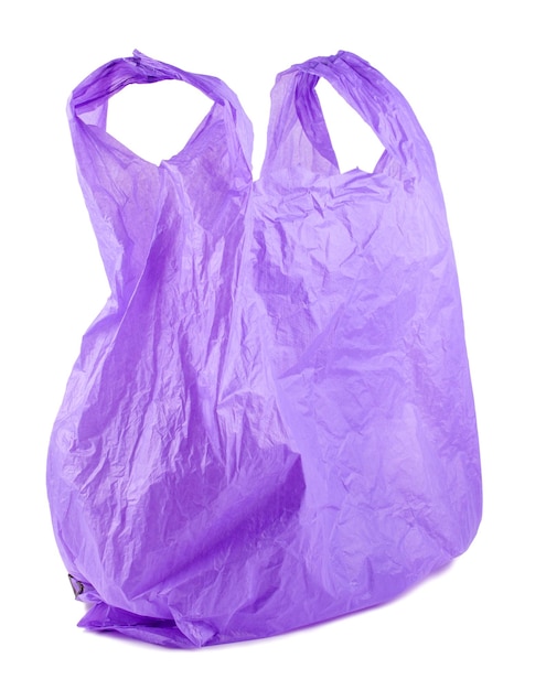 Purple Plastic Bag, Blank Shopping On White Background. Object is isolated on white background without shadows.