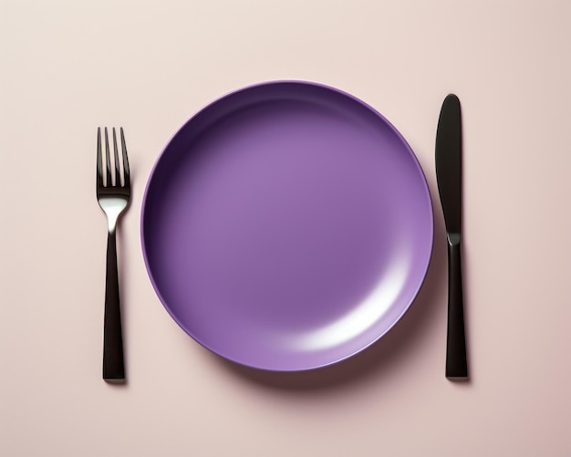 a purple plate with a fork and knife on a pink background