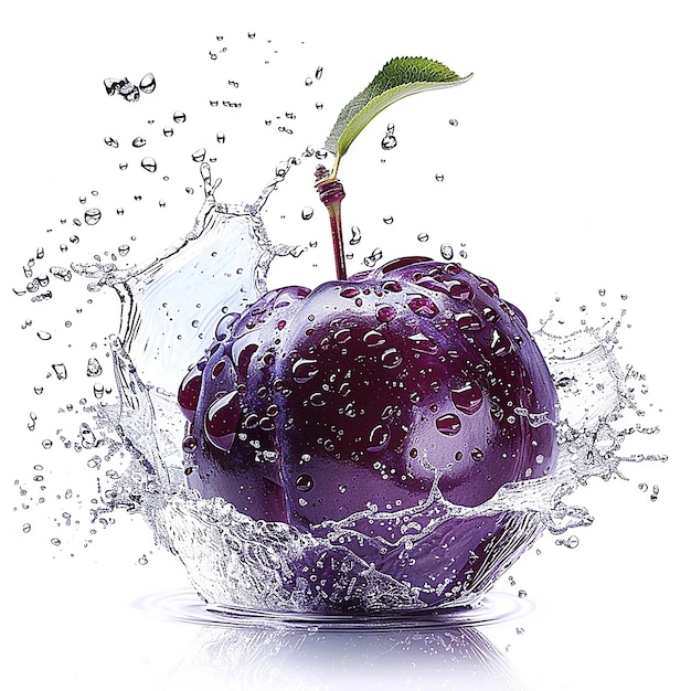 a purple plum is being splashed with water