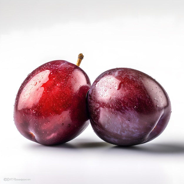 A purple plum is sitting on a white surface.