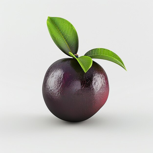 a purple plum with green leaves and a green leaf