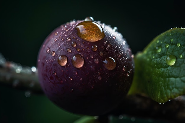 A purple plum with water drops on it