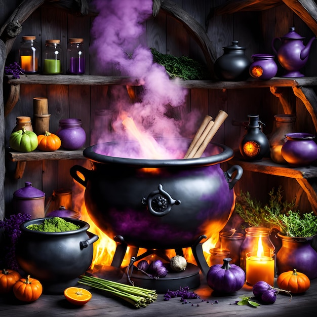 Photo a purple pot with purple and black paint is cooking in a garden