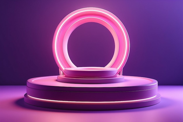 Purple product display podium with pink neon ring in modern style