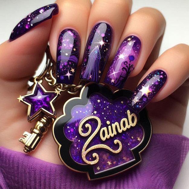 a purple and purple nail art design with the word panas on it