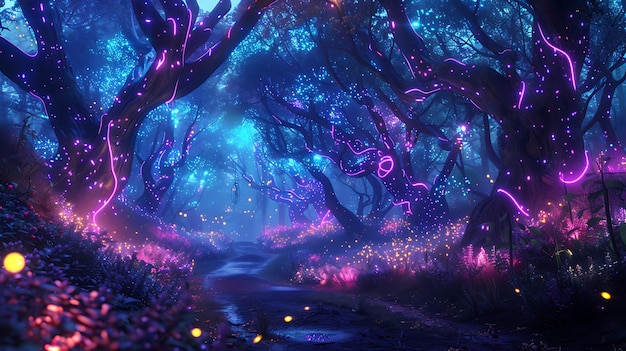 a purple and purple picture of a stream running through a forest