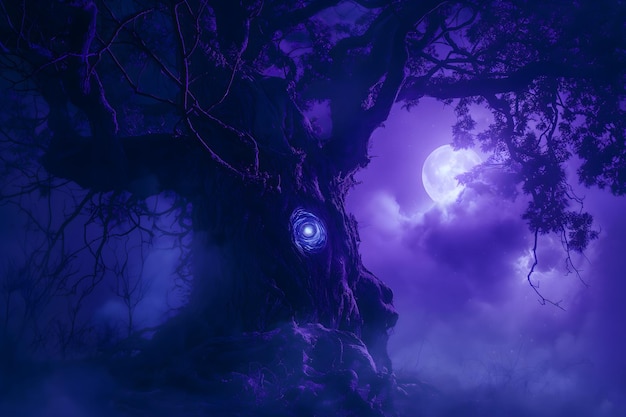 a purple and purple picture of a tree with a blue star in the middle