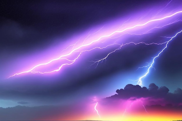 Photo a purple and purple sky with lightning bolts and purple clouds