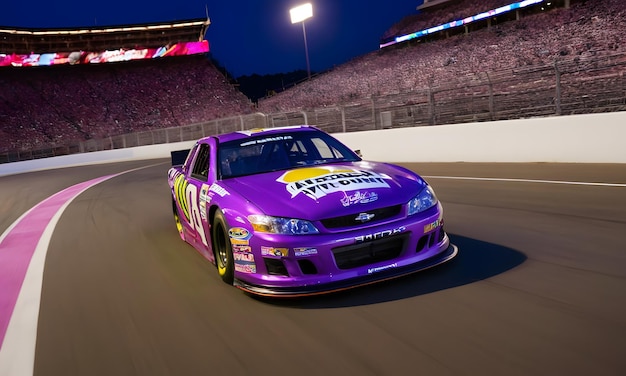 a purple race car with the word budweiser on the front