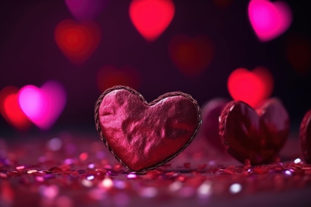 Purple red hearts with bokeh symbol love valentines background generative ai