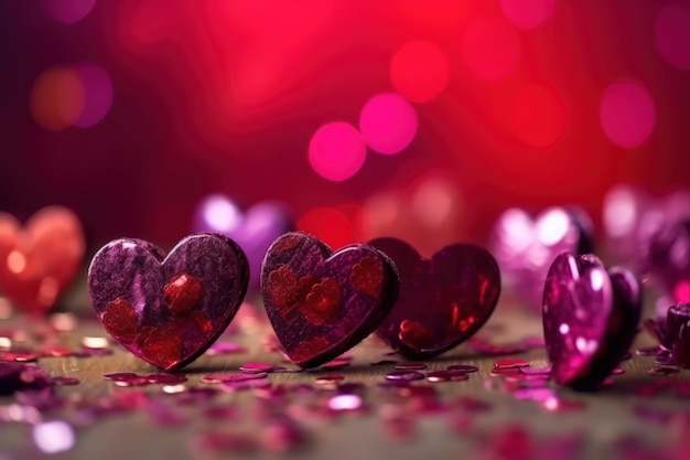 Purple red hearts with bokeh symbol love valentines background generative ai