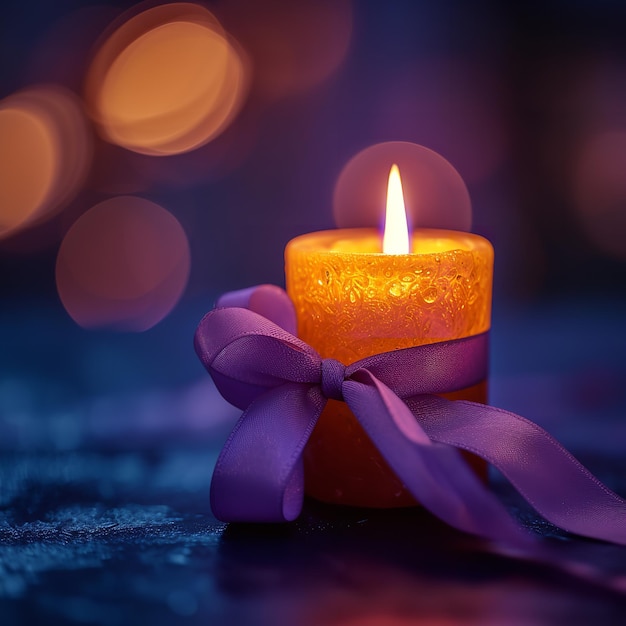 Purple ribbon candle on blurred background for World Cancer Day