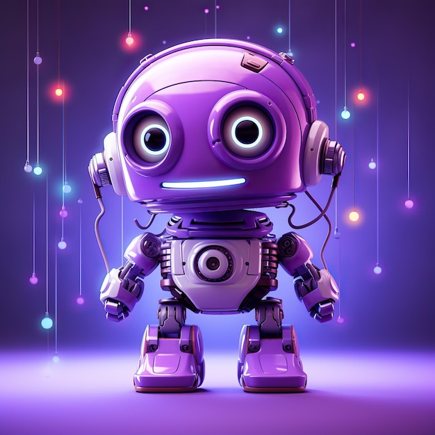 a purple robot with a purple nose and a purple background with stars.