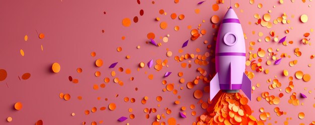 Photo purple rocket with orange confetti on pink background symbolizing creativity and celebration