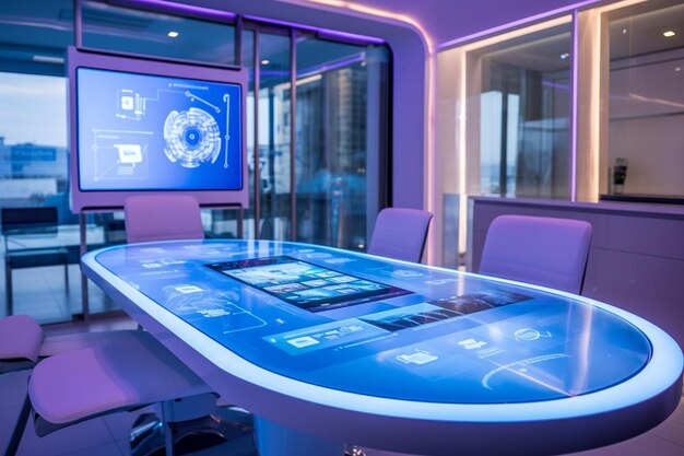 a purple room with a large screen that says  microsoft  on it