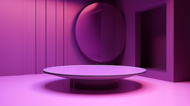 A purple room with a round table and a circle on the wall.