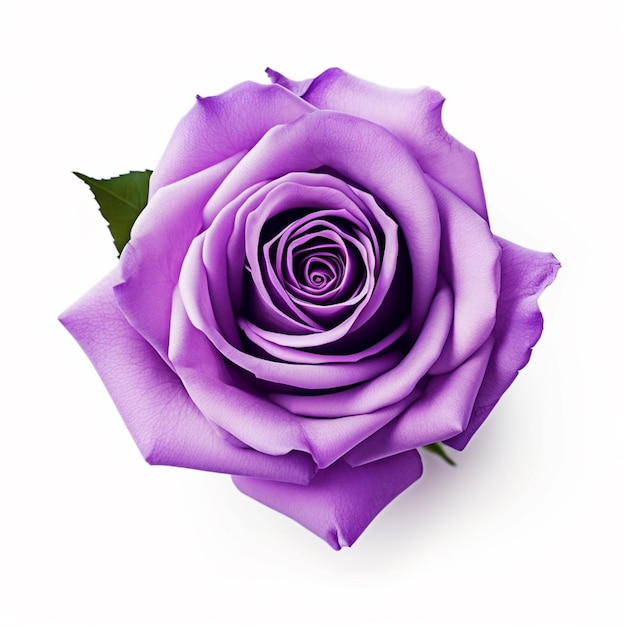 A purple rose is shown with a green leaf.