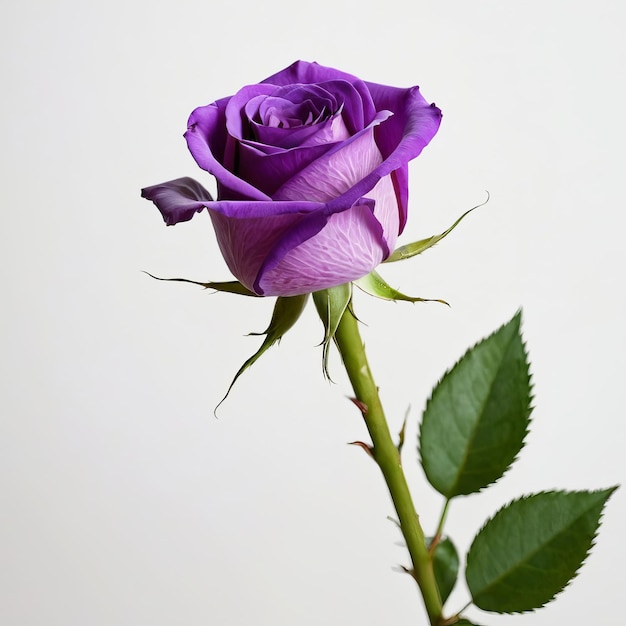 a purple rose with the stem open and the green stem is visible