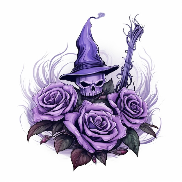 purple roses with a skull and a witch hat on top generative ai