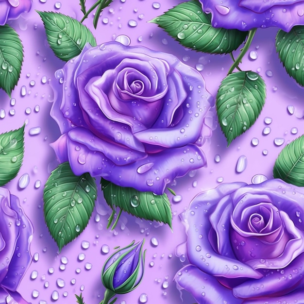 Purple roses with water droplets on them on a pink background generative ai