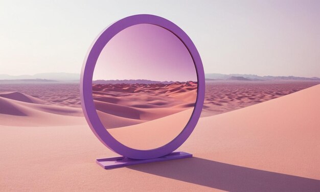 a purple round mirror in the desert with the reflection of the desert in the middle