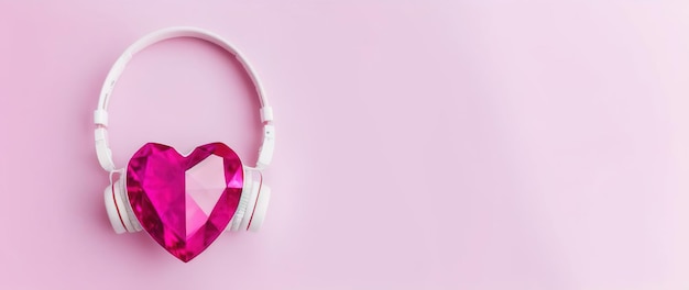 Purple ruby heart in headphones on a pink background jewelry Generative AI