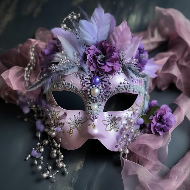 A purple and silver mask with flowers and beads is laying on a table.