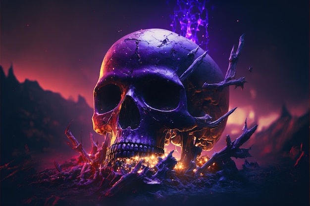 Purple skull Evil skeleton head Halloween concept Generative AI