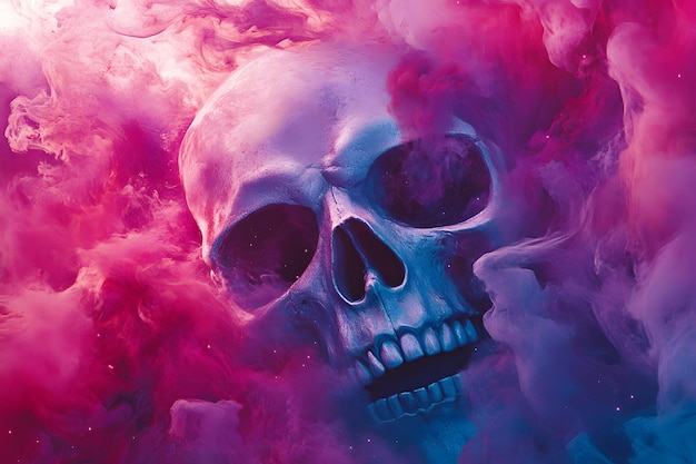 a purple skull is in the purple and pink color