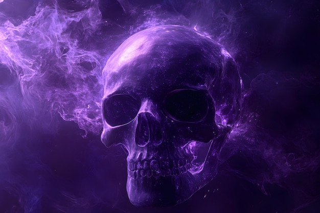 a purple skull with a purple background and purple smoke